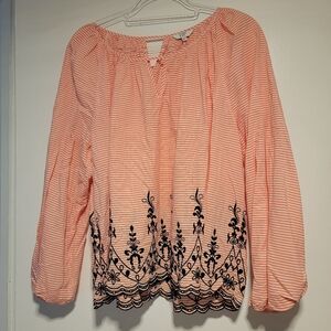 Crown And Ivy Striped Pink Blouse with Black Floral Embroidery